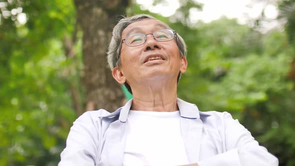Asian senior man reading a book and relaxing in the park