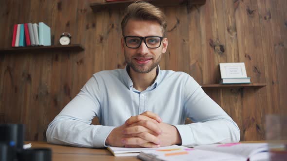 Young Business Man Talking To Cam Conference Video Calling Webcam View