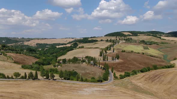 Flying over famous winding road lined by cypress trees in Tuscany, Italy, Europe