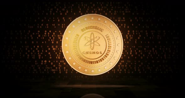 Cosmos atom cryptocurrency golden coin loop on digital background