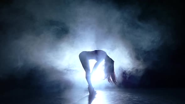 Beautiful Striptease Dancer Posing in Studio. Slow Motion. Smoke. Side View