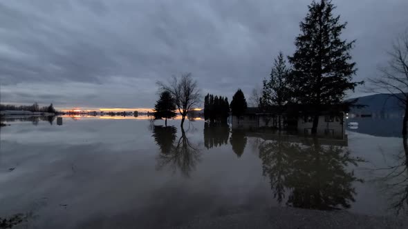 Panoramic view during sunset of great flood in the city of Abbotsford, in the province of British Co