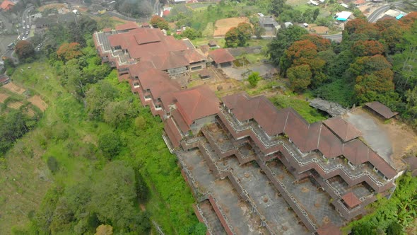 Aerial Shot of the Abandoned and Mysterious Hotel in Bedugul. Indonesia, Bali Island. Bali Travel