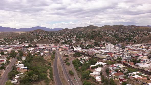 Nogales Arizona, Port of Entry United States and Mexico. Aerial view of city and border wall.