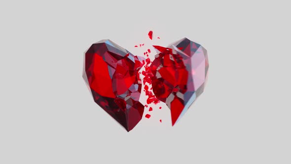 Breaking Ruby Crystal Heart on Light Grey Background