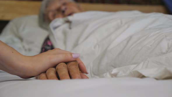 Granddaughter Takes and Gently Touches Hand of Her Elderly Grandmother in Medical Clinic. Girl