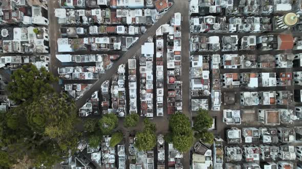 Aerial top down shot of La Recoleta Cemetery in Buenos Aires. Dolly forward