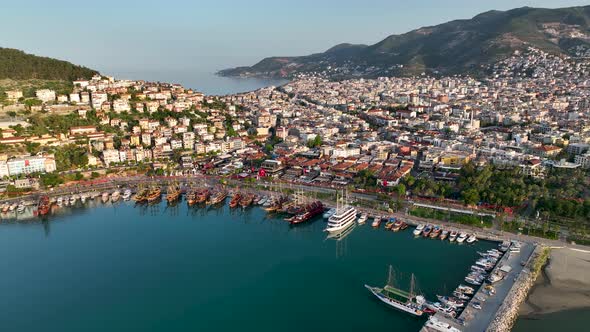 Sunrise Alanya Harbor aerial view 4 K