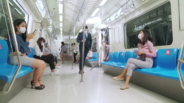 Crowd of People Wearing Face Mask on a Crowded Public Subway Train Travel