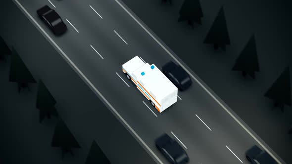 A busy highway.An ambulance with the flashing lights on the emergency call