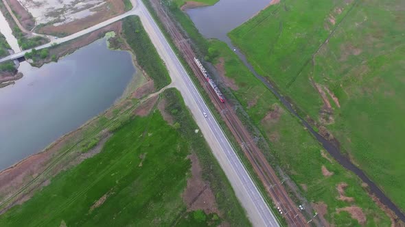 View From the Drone on the Railway Tracks Along Which the Locomotive Moves
