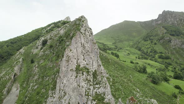 Aerial parallax of Foces del Pino, Aller, Asturias. Central mountain in Spain