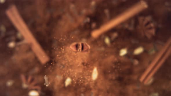 Cinnamon Sticks and Powder with Spices Flying and Falling in Slow Motion