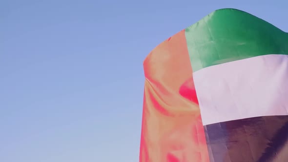 United arab emirates flag on the shoulders of a young brunette woman