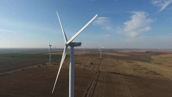 Rotating Turbines of a Wind Farm. Renewable Energy. Aerial