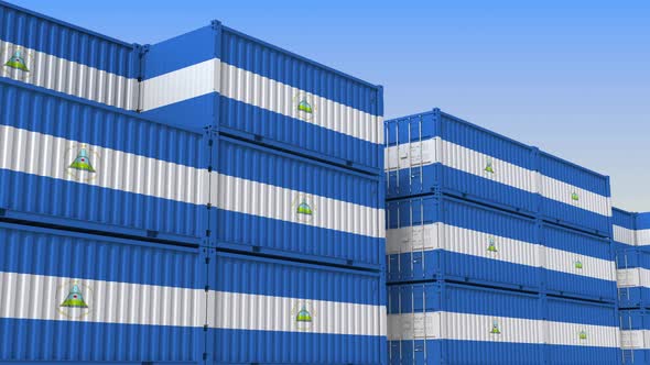 Container Terminal Full of Containers with Flag of Nicaragua
