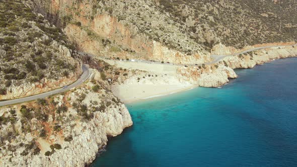 Aerial, picturesque sea bay with beautiful Kaputas beach with turquoise water