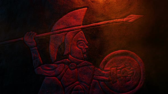 Spartan Soldier Stone Carving Lit Up With Dust