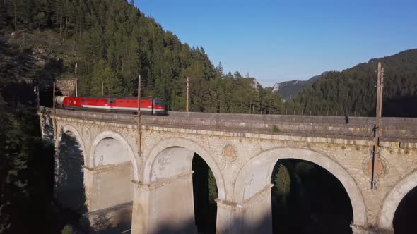 Aerial of Train on Viaduct in Semmering Railway, Austria