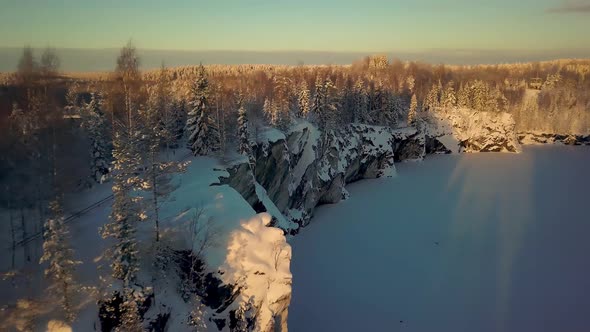 Beautiful Winter Aerial Footage of Ruskeala Mountain Park in Karelia in