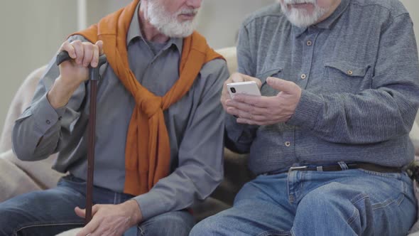 Two Unrecognizable Elderly Caucasian Men Using Smartphone and Talking. Joyful Male Retirees Chatting