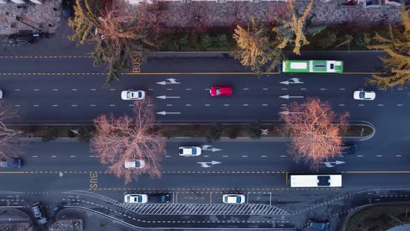 Transport In The Street And Sunset Light