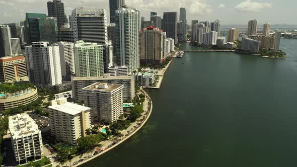 Aerial Pull Out Reveal Miami Downtown Brickell City Landscape Skyscrapers 4k