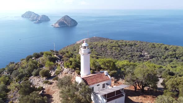 Gelidonya Lighthouse on Lycian Way, Antalya, Turkey. Mediterranean sea and three Islands.