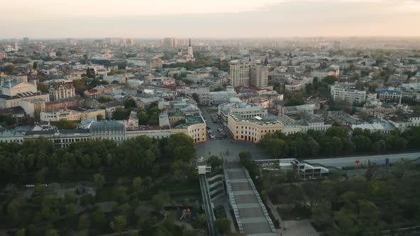 Aerial View of Historical Center of Odessa Ukraine From Drone at Sunset