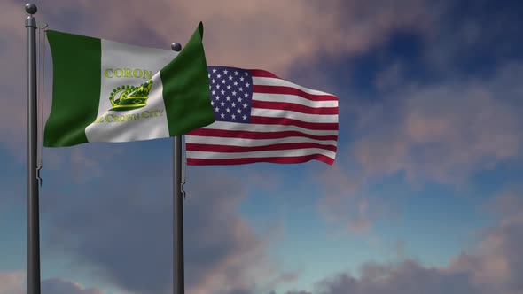 Coronado City Flag Waving Along With The National Flag Of The USA - 2K