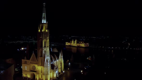 Aerial View of Danube River and Budapest City Skyline at Night Time