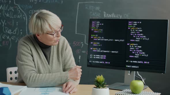 Programming School Teacher Explaining Software Coding Pointing at Computer Screen and Speaking