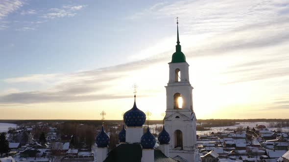 Aerial View of the Russian Church with Bell Tower at Sunset in Winter