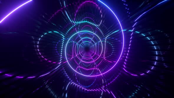 Gradient Neon Spiral Metal Tunnel Background. Endless Flight Forward. Modern Neon Lighting. Seamless