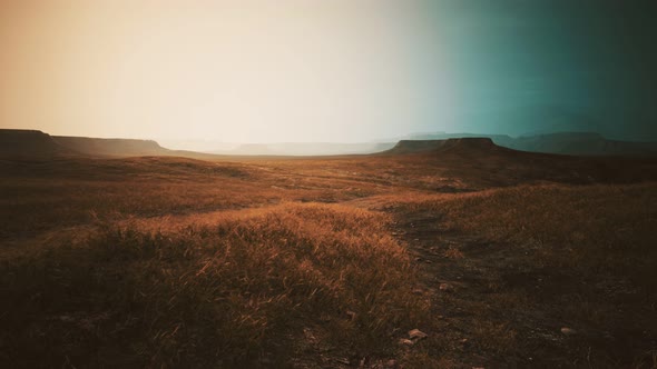 Dry Yellow Grass on the Rocky Mountain with Heavy Fog