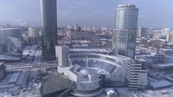 Aerial view of Ekaterinburg city with modern glass facade buildings. Russia 13