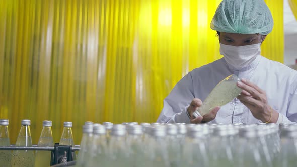 Asian male supervisor inspecting a bottle of herb drink production line