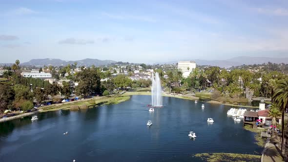 Aerial view of the fountain in Echo Park Lak in Los Angeles