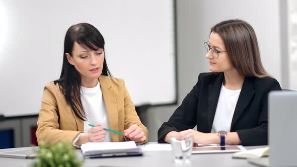 Two Smiling Business Woman Talking at Office Discussing Work Having Professional Job Interview