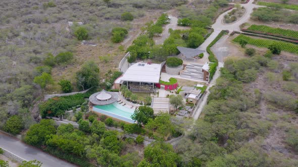 Tourist luxury resort at Ocoa Bay in Dominican Republic. Aerial drone circling pov