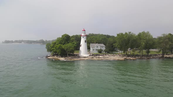 Marblehead Lighthouse along Lake Erie in Ohio drone shoting in.