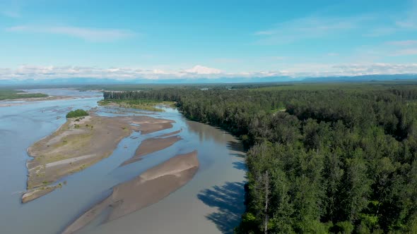 4K Drone Video of Susitna River with Denali Mountain in Distance on Alaska Summer Day