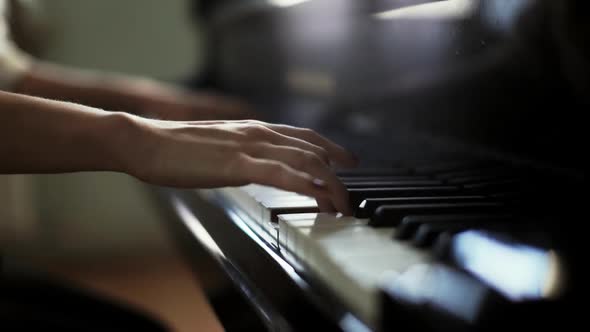 Woman Pianist Close-up Two Hands Plays Energetic Classical Music on Grand Piano