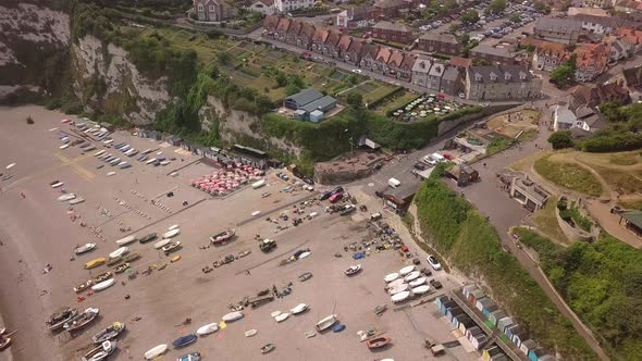 Beer harbour and township. scenic aerial footage. Establishing shot.