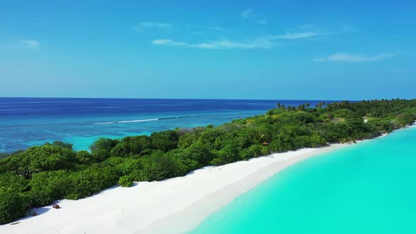 Aerial flying over tourism of idyllic island beach journey by blue water and clean sand background o