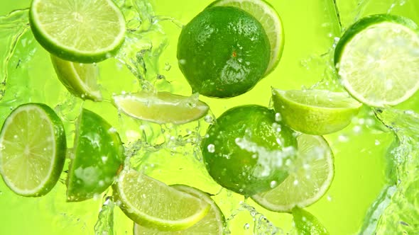 Super Slow Motion Shot of Lime Slices Falling Into Water on Green Background at 1000Fps