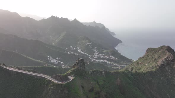 Aerial Drone View of a Wild Touristic Twisty Road in the Green Lush Mountains Along the Atlantic