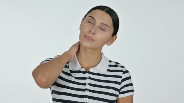 Tired Latin Woman with Neck Pain, White Background