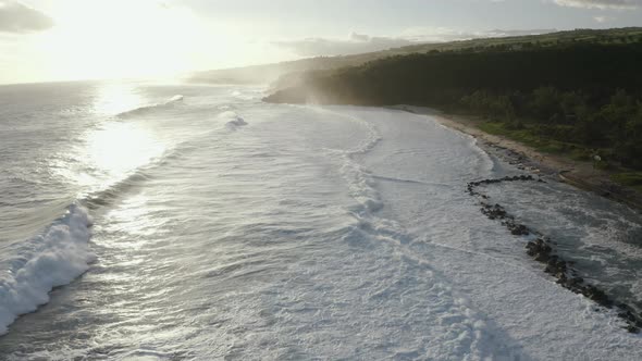 Aerial view of Grande Anse beach at sunset, Petite Ile, Reunion.