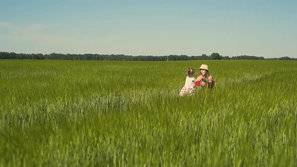 Slow Motion Young Mother Plays with the Child in the Field Dressed in Red Dress The Daughter Goes to